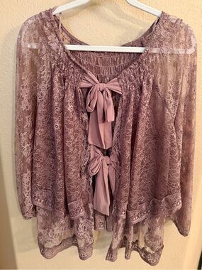 Free People Dusty Mauve Lace Tie-Front Blouse